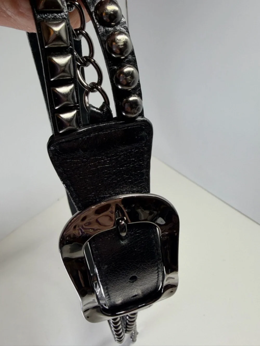 Leatherock Studded Black Leather Belt Gunmetal Chain Rocker Grunge Boho M 34